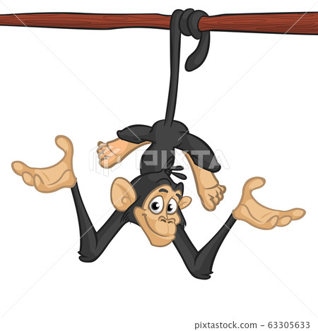 Cute Cartoon Monkey Chimpanzee Hanging On Wood Branch Cute Cartoon Monkey Chimpanzee Hanging On Wood Branch 63305633
