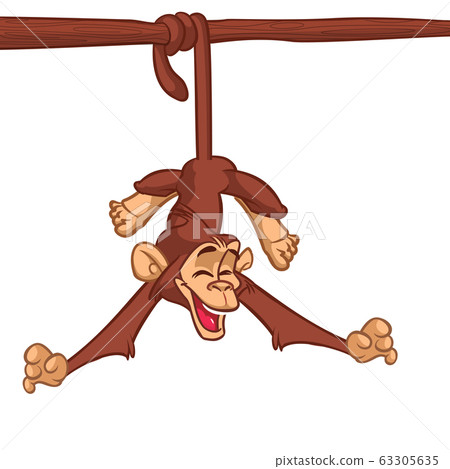 Cute Cartoon Monkey Chimpanzee Hanging On Wood Branch Cute Cartoon Monkey Chimpanzee Hanging On Wood Branch 63305635