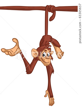 Cute Cartoon Monkey Chimpanzee Hanging On Wood Branch Cute Cartoon Monkey Chimpanzee Hanging On Wood Branch 63305637