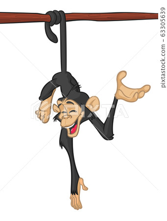 Cute Cartoon Monkey Chimpanzee Hanging  On Wood Branch 63305639