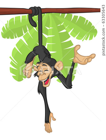 Cute Cartoon Monkey Chimpanzee Hanging  On Wood Branch 63305643