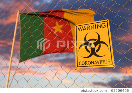 Coronavirus warning sign on the fence on the Cameroonian flag background. Restricted entry or quarantine in Cameroon. Conceptual 3D rendering 63306406