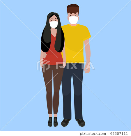Man and woman in medical masks protect themselves from the epidemic. Cartoon flat design, vector illustration about the diseas 63307111