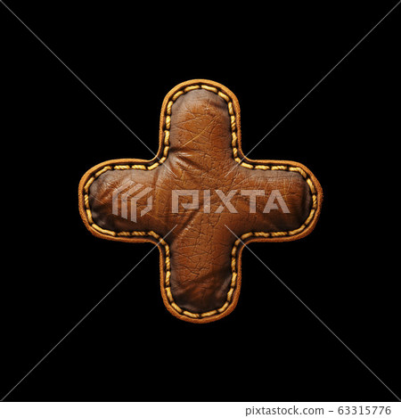 Symbol plus made of leather. 3D render font with skin texture isolated on black background. 63315776