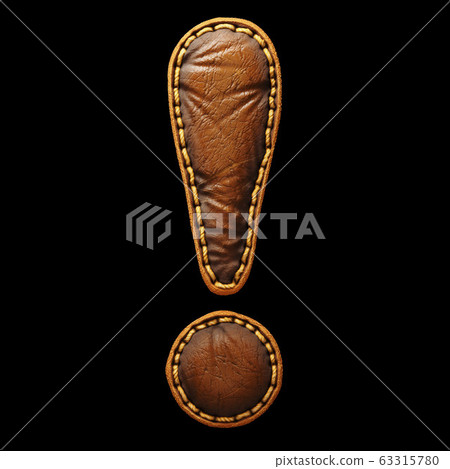 Symbol exclamation mark made of leather. 3D render font with skin texture isolated on black background. Symbol exclamation mark made of leather. 3D render font with skin texture isolated on black background. 63315780
