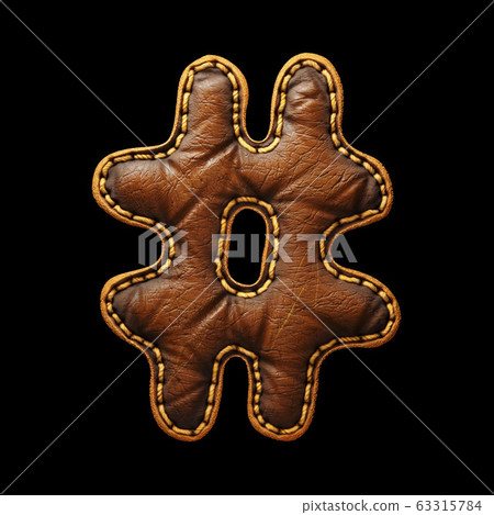 Symbol hash made of leather. 3D render font with skin texture isolated on black background. Symbol hash made of leather. 3D render font with skin texture isolated on black background. 63315784