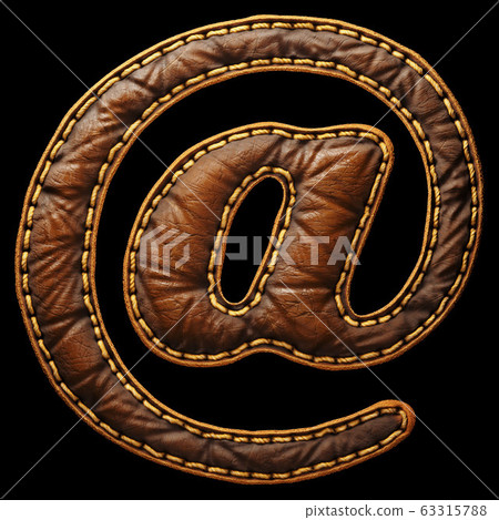 Symbol at made of leather. 3D render font with skin texture isolated on black background. Symbol at made of leather. 3D render font with skin texture isolated on black background. 63315788