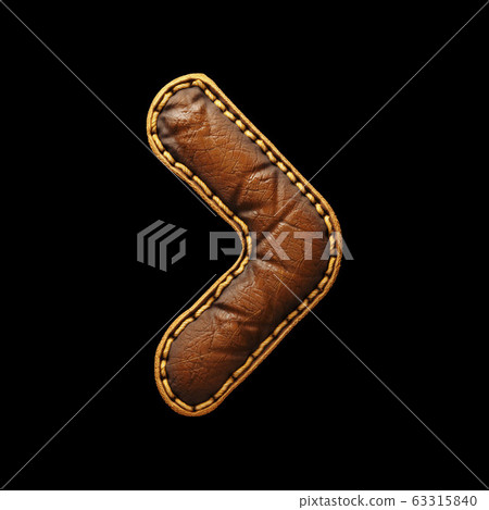 Symbol right angle bracket made of leather. 3D render font with skin texture isolated on black background. 63315840