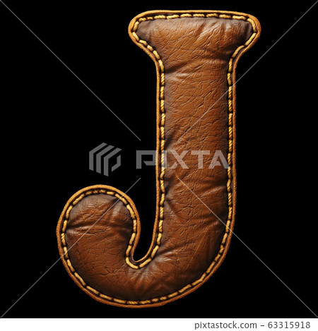 Leather letter J uppercase. 3D render font with skin texture isolated on black background. Leather letter J uppercase. 3D render font with skin texture isolated on black background. 63315918