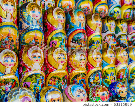 Stunning display of colorful traditional matryoshka dolls, Moscow, Russia Stunning display of colorful traditional matryoshka dolls, Moscow, Russia 63315999