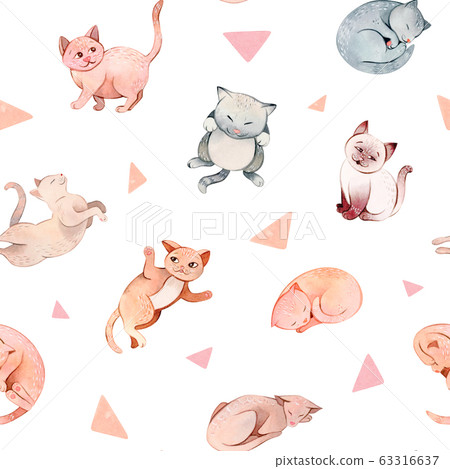 Hand Painted Watercolor Cartoon Cats And Stock Illustration 63316637 Pixta