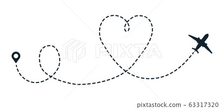 Heart airplane dotted path. Travel heart line route. Point aircraft path flight map. Vector trip plan airline trace 63317320