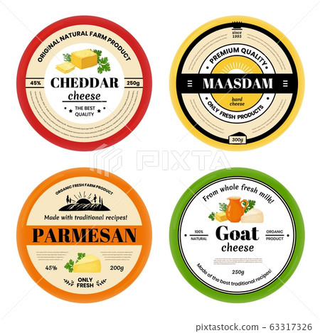 Cheese label. Package front mockup with branding for dairy product, different types of cheese. Vector packaging isolated set Cheese label. Package front mockup with branding for dairy product, different types of cheese. Vector packaging isolated set 63317326