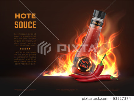 Sauce ad. Realistic 3D glass bottle with hot spicy chilli sauce, advertising background with fire and pepper. Vector kitchen product design Sauce ad. Realistic 3D glass bottle with hot spicy chilli sauce, advertising background with fire and pepper. Vector kitchen product design 63317374