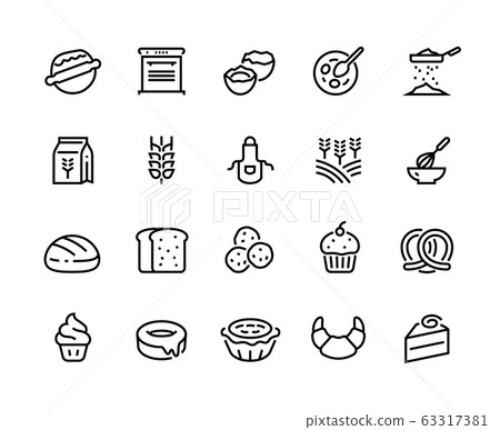Bakery line icons. Wheat flour eggs and sugar ingredient for home bread croissant muffin cake and donut. Vector set Bakery line icons. Wheat flour eggs and sugar ingredient for home bread croissant muffin cake and donut. Vector set 63317381