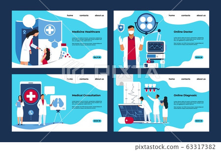 Medical landing page. Pharmacy laboratory diagnosis and treatment concept with people cartoon characters. Vector webpage mockup 63317382