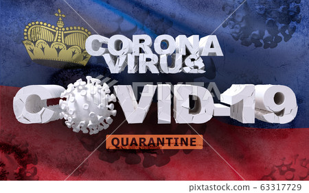 Coronavirus disease COVID-19 infection concept on waving national flag of Liechtenstein. Waved highly detailed close-up 3D render. 63317729