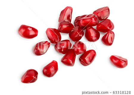 Heap of fresh pomegranate seeds isolated on white background with clipping path and full depth of field. Top view. Flat lay. 63318128
