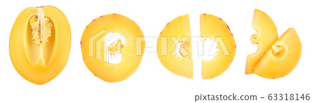 Fresh Pepino fruit slice isolated on white background. Top view, flat lay. Set or collection 63318146