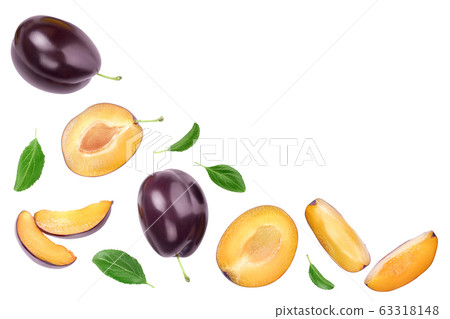 fresh purple plum and half with leaves isolated on white background with clipping path and copy spase for your text. Top view. Flat lay fresh purple plum and half with leaves isolated on white background with clipping path and copy spase for your text. Top view. Flat lay 63318148