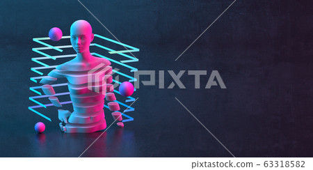 3d-illustration of an abstract composition of mannequin and primitive objects on dark background 3d-illustration of an abstract composition of mannequin and primitive objects on dark background 63318582
