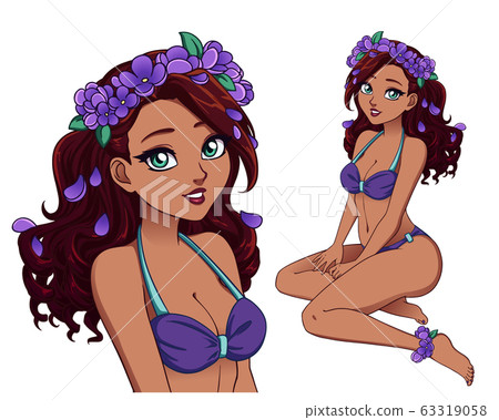 Pretty cartoon girl with curly hair wearing purple - Stock Illustration  [63319058] - PIXTA