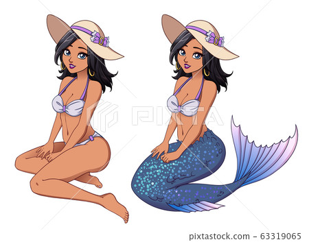 Pretty cartoon mermaid princess with dark skin, Pretty cartoon mermaid princess with dark skin, 63319065