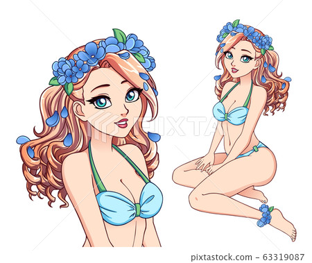 Pretty cartoon girl with curly hair wearing blue Pretty cartoon girl with curly hair wearing blue 63319087