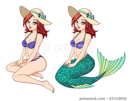 Pretty cartoon girl with red hair wearing bikini 63319092
