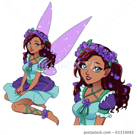 Pretty cartoon fairy with curly black hair and Pretty cartoon fairy with curly black hair and 63319093