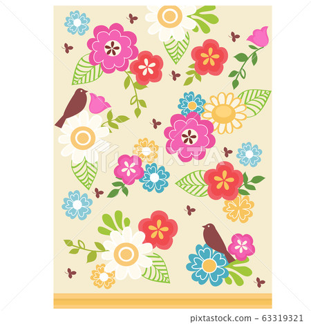 Cute print on the theme of summer or spring with images of birds and flowers. Vector cartoon close-up illustration. Cute print on the theme of summer or spring with images of birds and flowers. Vector cartoon close-up illustration. 63319321