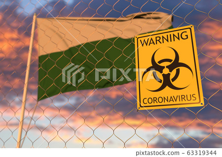 Biohazard coronavirus sign against flying flag of Saxony, a state of Germany. Quarantine related 3D rendering Biohazard coronavirus sign against flying flag of Saxony, a state of Germany. Quarantine related 3D rendering 63319344