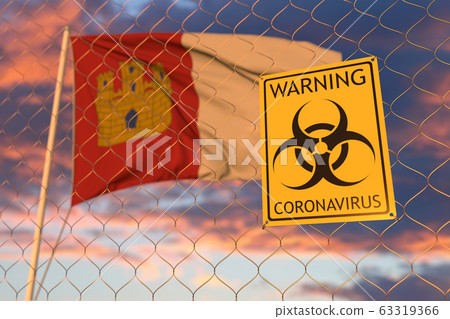 Biohazard coronavirus sign against flying flag of Castilla-La Mancha, an autonomous community in Spain. Quarantine related 3D rendering 63319366