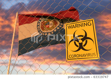 Coronavirus warning sign on the fence against flag of Missouri. Quarantine related 3D rendering Coronavirus warning sign on the fence against flag of Missouri. Quarantine related 3D rendering 63319747
