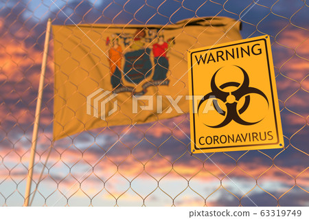 Coronavirus warning sign on the fence against flag of New Jersey. Quarantine related 3D rendering Coronavirus warning sign on the fence against flag of New Jersey. Quarantine related 3D rendering 63319749
