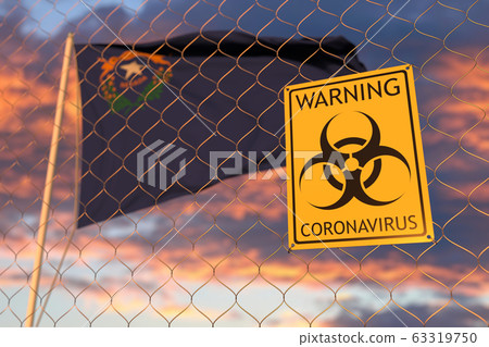 Coronavirus warning sign on the fence against flag of Nevada. Quarantine related 3D rendering Coronavirus warning sign on the fence against flag of Nevada. Quarantine related 3D rendering 63319750