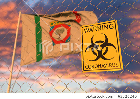 Coronavirus warning sign on the fence against waving flag of Apulia, a region of Italy. Quarantine related 3D rendering Coronavirus warning sign on the fence against waving flag of Apulia, a region of Italy. Quarantine related 3D rendering 63320249