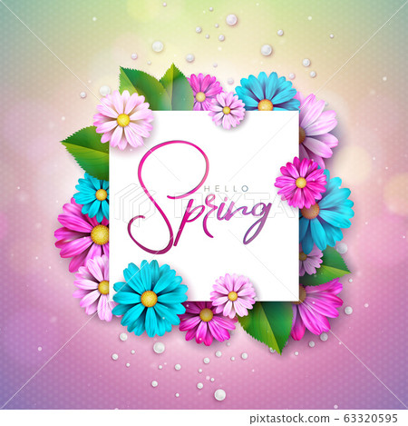 Vector Illustration on a Spring Nature Theme with Beautiful Colorful Flower on Green Background. Floral Design Template with Typography Letter for Banner, Flyer, Invitation, Poster or Greeting Card. 63320595
