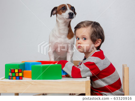 Little toddler boy play at table with a dog 63320916