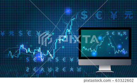 藍色的數字背景圖像與下跌的股票圖表和個人計算機 63322602