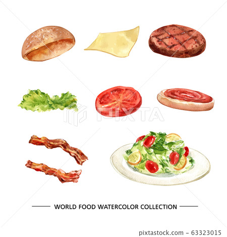 Set of isolated watercolor bread, cheese, steak illustration for decorative use. Set of isolated watercolor bread, cheese, steak illustration for decorative use. 63323015