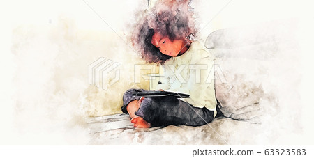 Abstract colorful kid girl reading tablet smart on bedroom on watercolor illustration painting background. 63323583