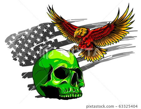 Vector illustration with hand drawn ornate eagle on human skull with rose flowers and grunge texture 63325404