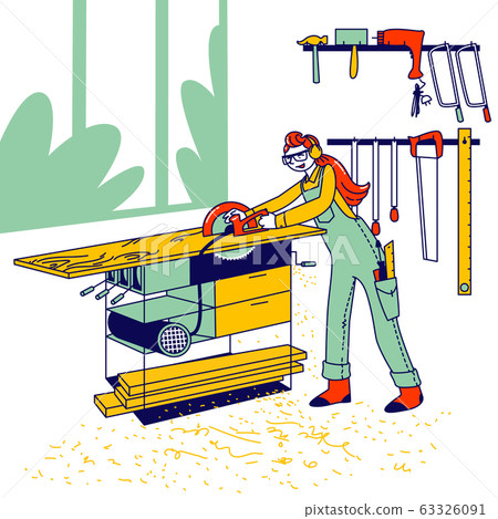 Woman Work in Carpentry Shop Concept. Girl Carpenter Character Wearing Overalls and Protective Glasses Working 63326091