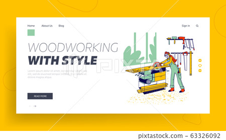 Woman Work in Carpentry Shop Landing Page Template. Girl Carpenter Character Wearing Overalls and Protective Glasses Woman Work in Carpentry Shop Landing Page Template. Girl Carpenter Character Wearing Overalls and Protective Glasses 63326092