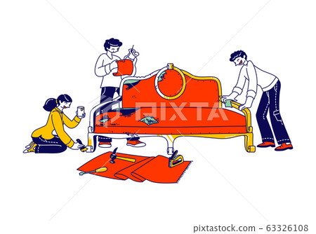 Furniture Renovation. Team of Carpenter or Designer Characters Modernize Old Sofa Painting Wooden Parts 63326108