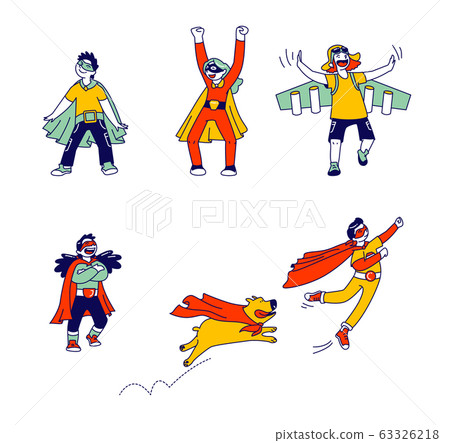 Little Super Hero Kids Wearing Costumes and Red Cloak Having Fun and Playing with Dog Isolated on White Background 63326218