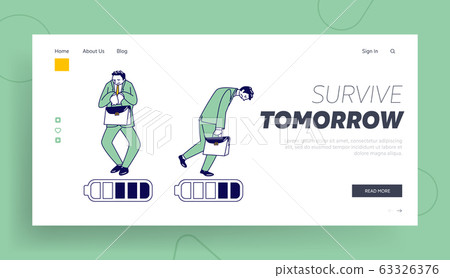 Haggard Businessman Character with Low Battery Charging Level Landing Page Template. Tired People Working 63326376