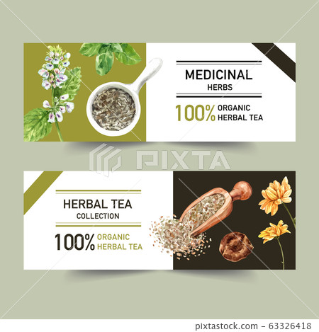 Herbal tea banner design with basil, peppermint, 63326418