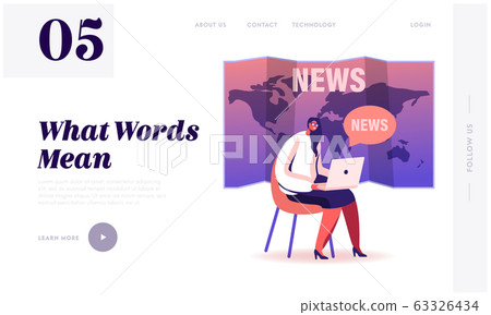 Fake News Landing Page Template. Female Character with Laptop Sit on World Map Background Reading Social Media 63326434